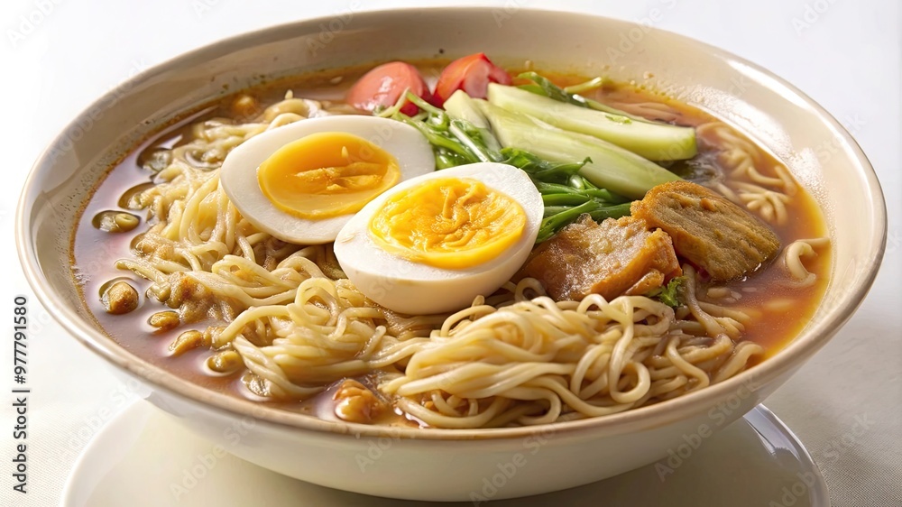A close-up of a bowl of authentic Korean ramen (ramyeon) with a rich broth, noodles, vegetables, and a soft-boiled egg, presented on a white background to highlight its comforting appeal. A close-up of a bowl of authentic Korean ramen (ramyeon) with a rich broth, noodles, vegetables, and a soft-boiled egg, presented on a white background to highlight its comforting appeal.