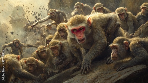 A Group of Monkeys in a Dusty Jungle Environment photo