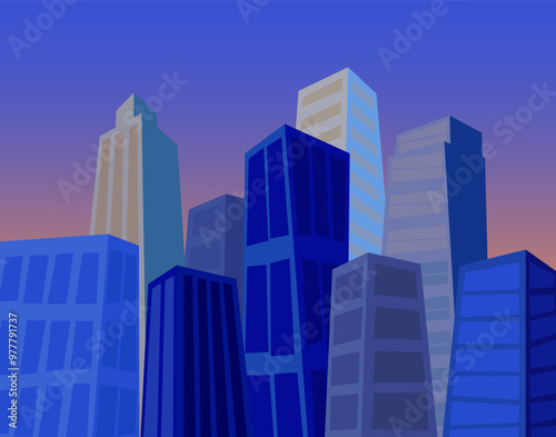 landscape at sunset, asymmetric buildings illustration, cityscape vector photo