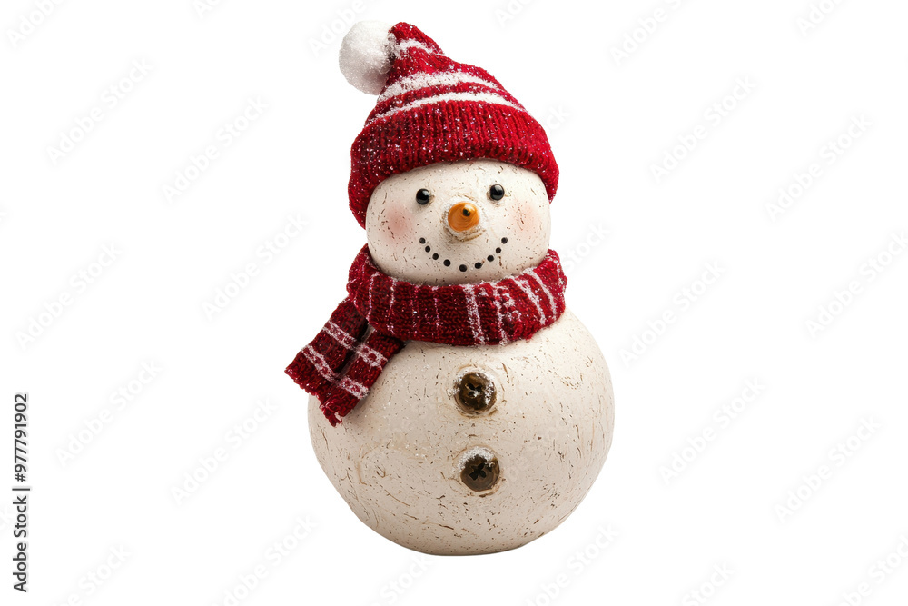 Adorable snowman figurine with a red knitted hat and scarf, perfect for Christmas decoration or holiday-themed projects. Adorable snowman figurine with a red knitted hat and scarf, perfect for Christmas decoration or holiday-themed projects.
