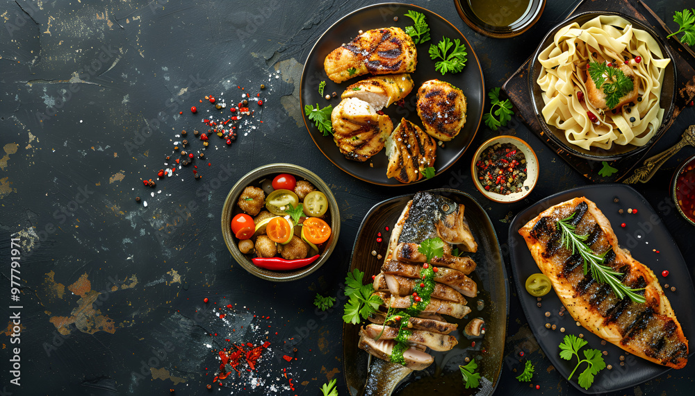 set of dishes. Fish steak, chicken fillet, meat balls. Flat lay. Top view. Free copy space set of dishes. Fish steak, chicken fillet, meat balls. Flat lay. Top view. Free copy space