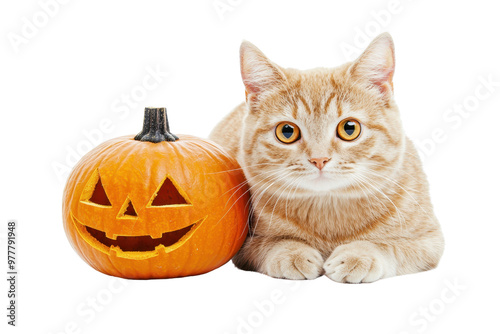 Adorable orange cat next to a carved pumpkin jack-o'-lantern, perfect for Halloween and festive autumn decorations.