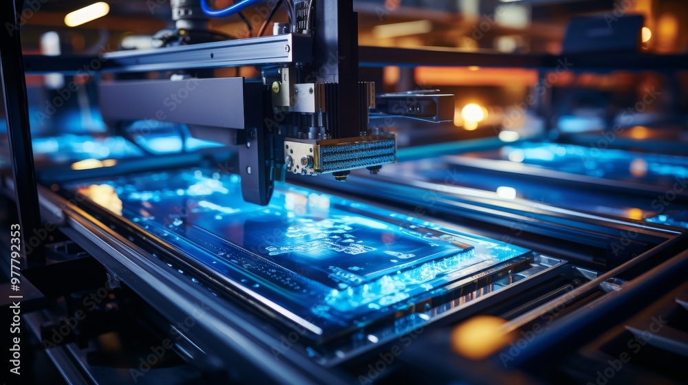 Modern assembly line for computers with blue lighting showcasing circuit board placement Modern assembly line for computers with blue lighting showcasing circuit board placement