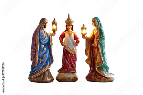 Ceramic nativity scene figurines featuring three wise men holding lanterns. Perfect for Christmas decoration and festive displays.