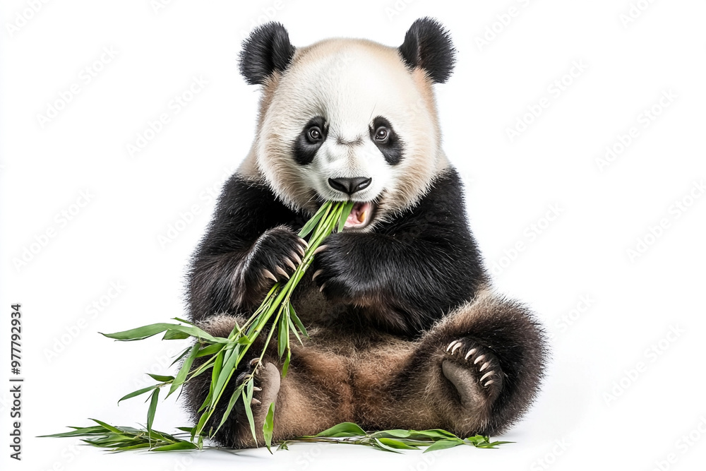 Naklejka premium giant panda eating bamboo isolated on a white background