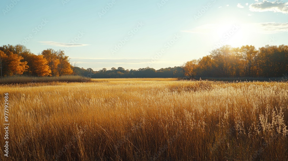 Golden autumn grasses sway under a bright sun near a tranquil landscape Golden autumn grasses sway under a bright sun near a tranquil landscape