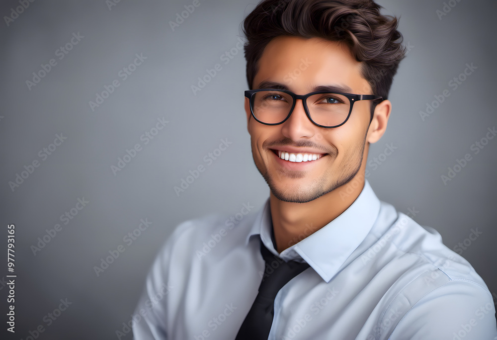 A young man with stylish hair and glasses, smiling confidently. He is wearing a light blue shirt and a black tie, set against a neutral gray background. A young man with stylish hair and glasses, smiling confidently. He is wearing a light blue shirt and a black tie, set against a neutral gray background.