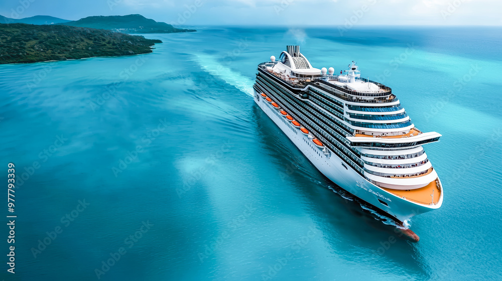 Fototapeta premium Luxury at Sea Aerial view of a sleek cruise ship cutting through the deep blue ocean symbolizing adventure relaxation and the ultimate travel experience on the open waters