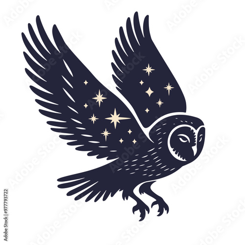 Celestial owl in flight. Barn owl with stars. Vector illustration.