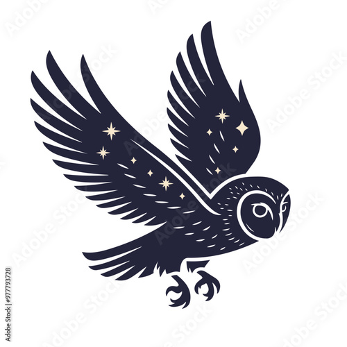 Celestial owl in flight. Barn owl with stars. Vector illustration.