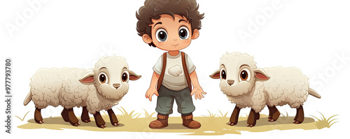 Illustrative boy with fairy sheeps on white photo