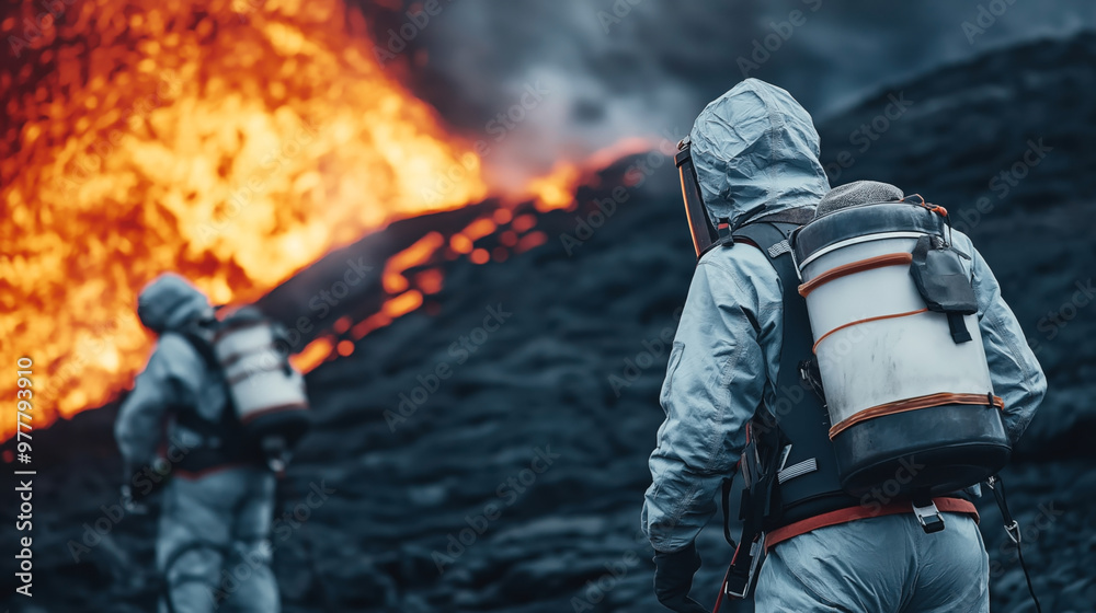 Two people wearing protective suits and carrying equipment are observing an active volcanic eruption, with flowing lava and smoke in the background. Two people wearing protective suits and carrying equipment are observing an active volcanic eruption, with flowing lava and smoke in the background.