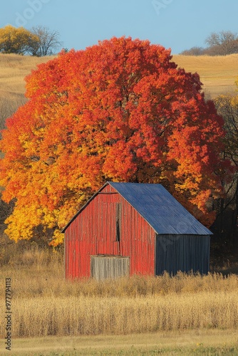 Vibrant autumn colors surround a rustic barn in the countryside