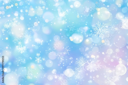 Pastel snowflakes and bokeh lights abstract background in soft blue and white tones