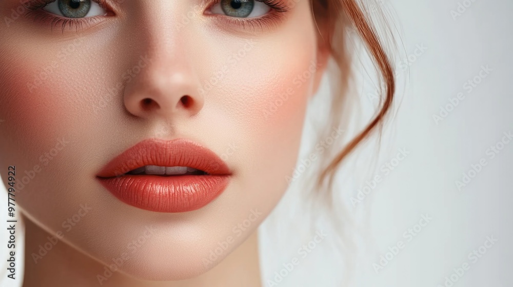 Elegant Makeup: Close-Up of a Woman's Face with Red Lipstick and Coral Blush Elegant Makeup: Close-Up of a Woman's Face with Red Lipstick and Coral Blush