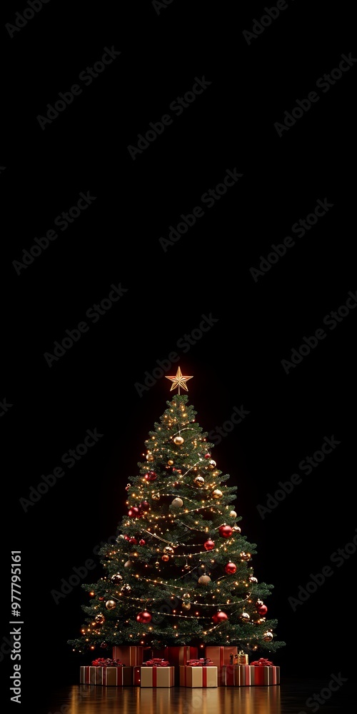 Elegant Christmas tree with gold and red decorations and wrapped gifts under twinkling lights in a dark festive environment Elegant Christmas tree with gold and red decorations and wrapped gifts under twinkling lights in a dark festive environment