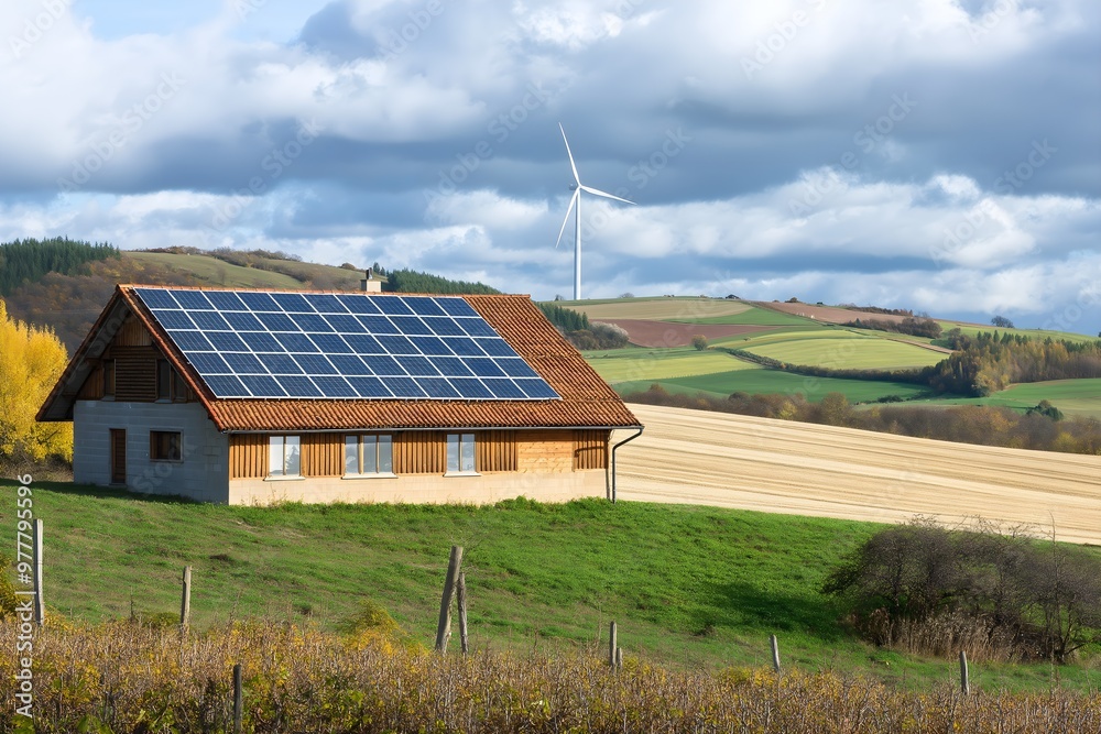 Modern Solar Panels Installed On A Rural Farmhouse, Solar Photography, Solar Powered Clean Energy, Sustainable Resources, Electricity Source, Rural Farmhouse Solar Installation Modern Solar Panels Installed On A Rural Farmhouse, Solar Photography, Solar Powered Clean Energy, Sustainable Resources, Electricity Source, Rural Farmhouse Solar Installation