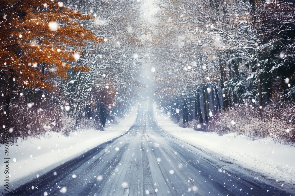 Panoramic winter landscape  snow covered highway through a scenic forest under falling snow