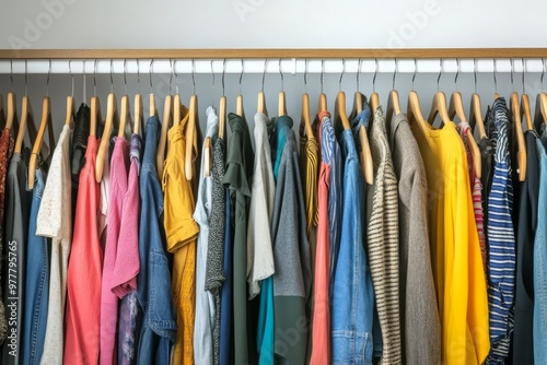 Wallpaper Mural Close up of a closet full of clothes hung on wooden hangers Torontodigital.ca