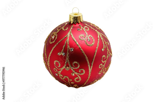 Elegant red Christmas ornament with intricate golden swirls on a transparent background. perfect for festive decoration and seasonal designs.