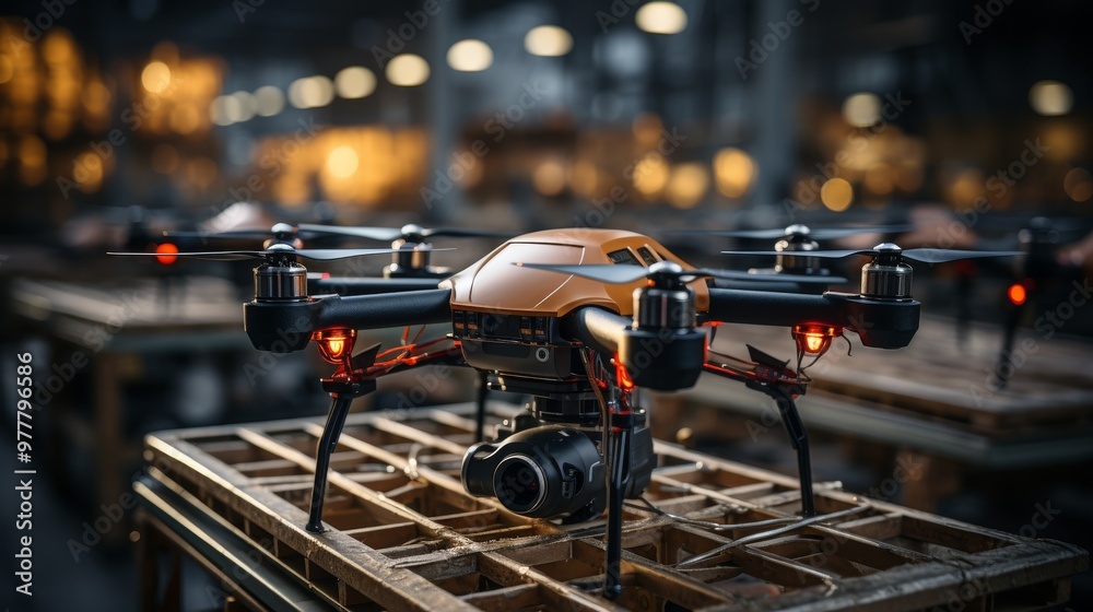 Drones navigate a high-tech factory, enhancing efficiency in production processes Drones navigate a high-tech factory, enhancing efficiency in production processes