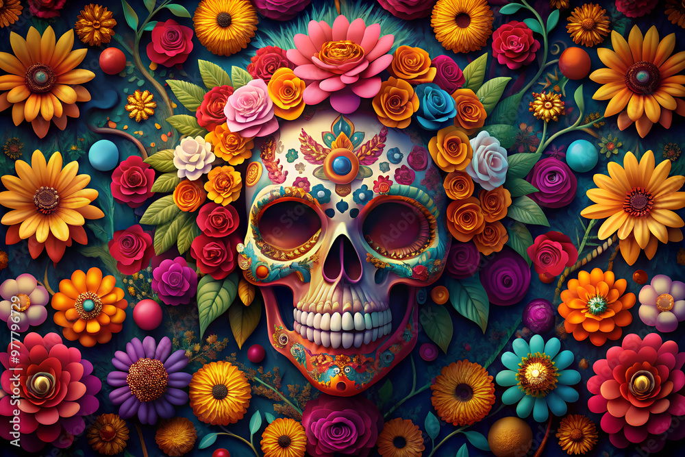 Fototapeta premium Festive, colorful illustration with sugar skull for Day of the Dead