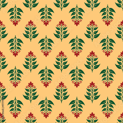 A pattern of flowers and leaves in a variety of colors