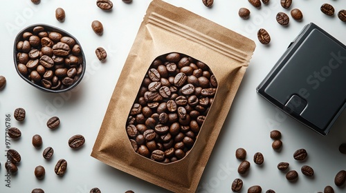 Aluminium foil coffee bag, Brown kraft paper coffee bag with coffee beans on wooden table.