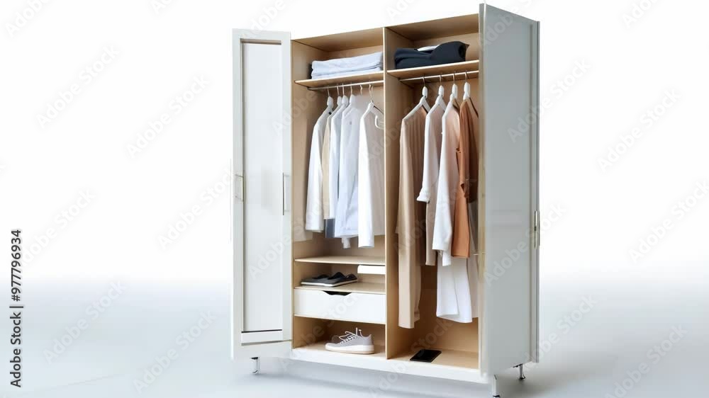 The camera pans steadily from the floor to the ceiling, highlighting all compartments of the wardrobe
. The camera pans steadily from the floor to the ceiling, highlighting all compartments of the wardrobe
.