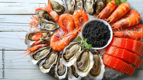 Seafood plate: shrimp, salmon, oysters, black caviar in abundance on a white wooden background