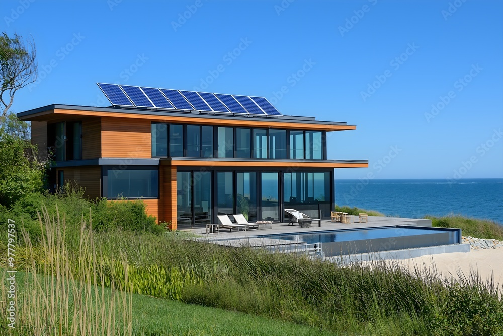 Solar Panels Installed On A Beachfront Mansion In The Hamptons, Solar Photography, Solar Powered Clean Energy, Sustainable Resources, Electricity Source, Hamptons Solar Installation Solar Panels Installed On A Beachfront Mansion In The Hamptons, Solar Photography, Solar Powered Clean Energy, Sustainable Resources, Electricity Source, Hamptons Solar Installation
