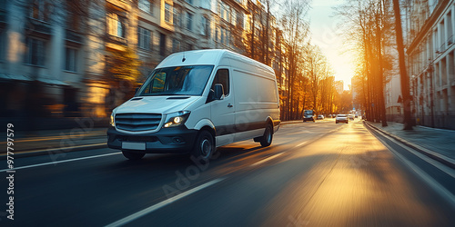Fototapeta Naklejka Na Ścianę i Meble -  White modern delivery small shipment cargo courier van moving fast on motorway road to city