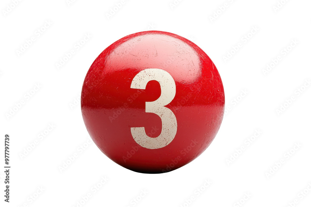 Red spherical object with number three, isolated on transparent background. Perfect for concepts related to numerics, games, and educational themes. Red spherical object with number three, isolated on transparent background. Perfect for concepts related to numerics, games, and educational themes.