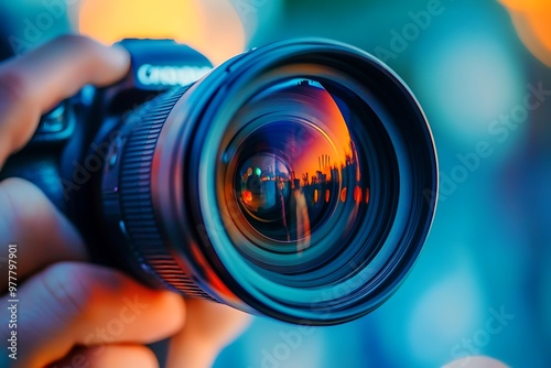 Close up of a camera lens with reflection of sunset and city skyline