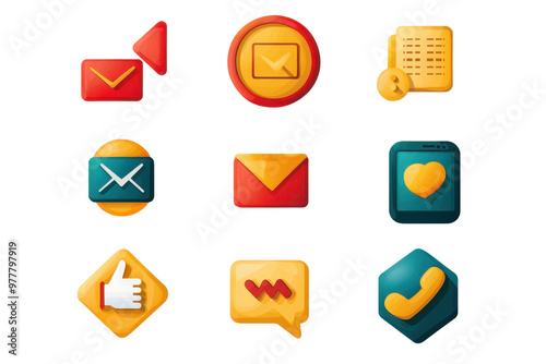 Set of colorful 3D communication icons in various shapes, perfect for digital, social media, and mobile applications.