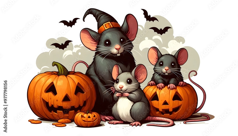 Fototapeta premium Halloween mice and rat with pumpkin design illustration