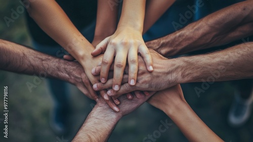 A group of people with their hands together. Business teamwork and support 