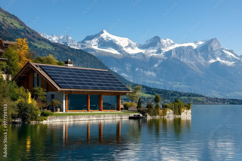 Fototapeta premium Solar Panels Installed On A Luxury Lakeside Villa In Switzerland, Solar Photography, Solar Powered Clean Energy, Sustainable Resources, Electricity Source, Switzerland Solar Installation