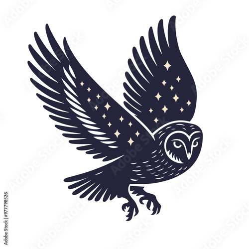 Celestial owl in flight. Barn owl with stars. Vector illustration.