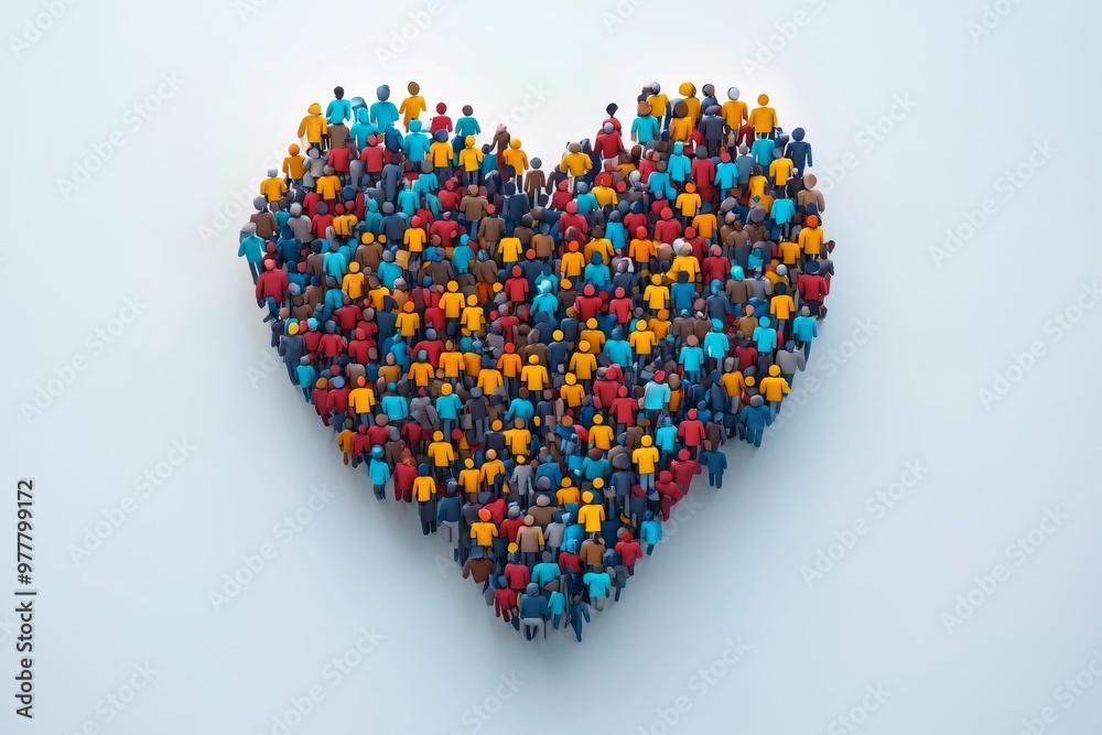 Heart made of colorful small figures symbolizing community diversity and collective support in a creative and vibrant representation of human connection Heart made of colorful small figures symbolizing community diversity and collective support in a creative and vibrant representation of human connection