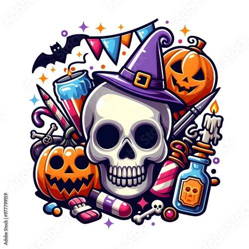 Halloween party skull with hat cartoon design illustration isolated on white background