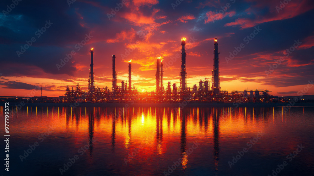 An oil refinery plant during sunset, with flames atop tall towers reflecting on the water An oil refinery plant during sunset, with flames atop tall towers reflecting on the water