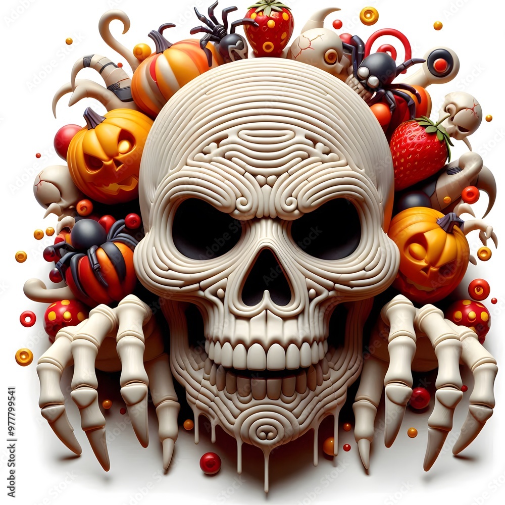 Halloween skull with hand skeliton 3d design