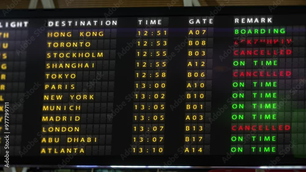 Airport lock down, Flights cancelled on information time table board in airport. Billboard panel with cancelled flights. Departure boards showing red canceled notices. High quality 4k footage
