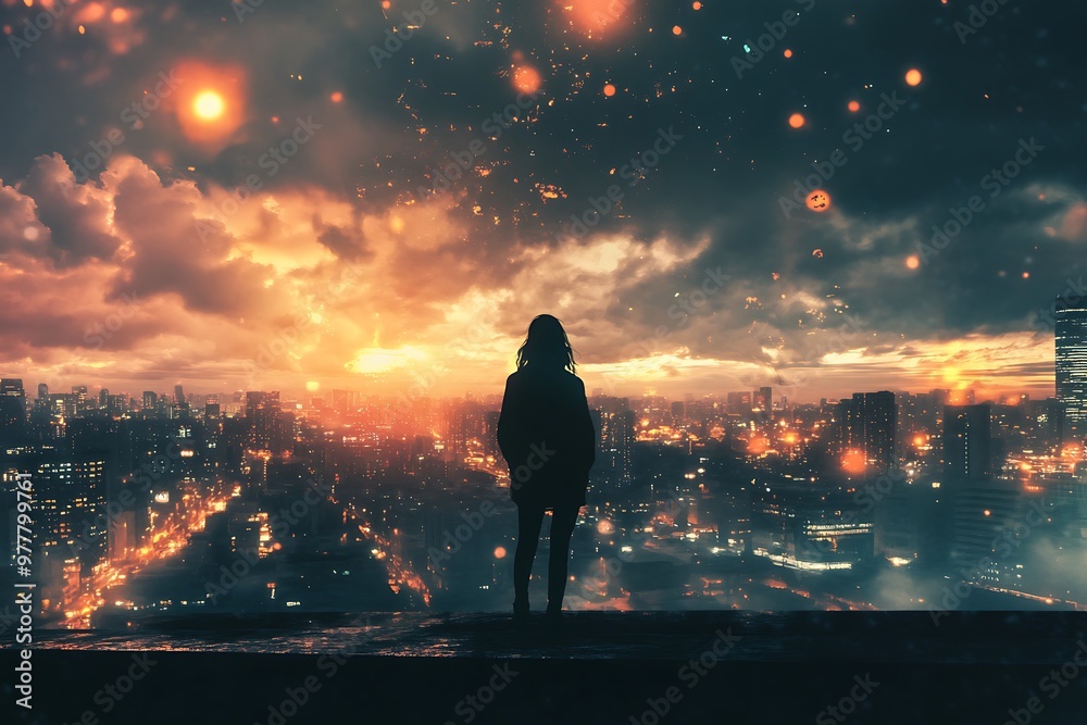 Silhouette of woman standing on rooftop overlooking cityscape at night with glowing lights and sky lanterns Silhouette of woman standing on rooftop overlooking cityscape at night with glowing lights and sky lanterns