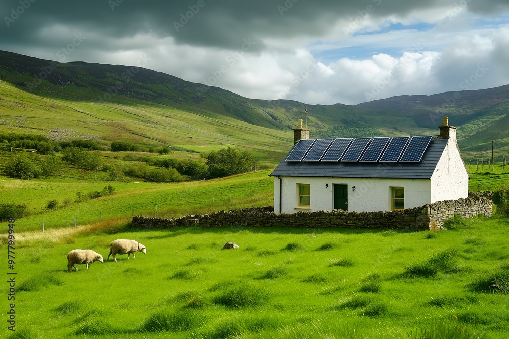Obraz premium Solar Panels Installed On A Rural Cottage In Wales, Solar Photography, Solar Powered Clean Energy, Sustainable Resources, Electricity Source, Wales Solar Installation