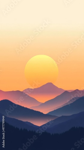 Serene mountain landscape at sunset, with layers of blue and purple hills and a glowing sun.