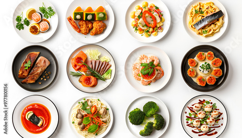 set of plates of food isolated on a white background, top view