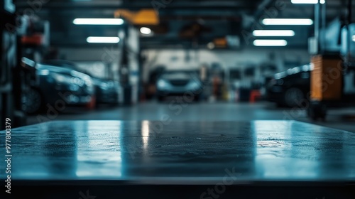 empty dark metal table surface, on the background of a modern automobile workshop in minimalistic dark design in a slight defocus  photo