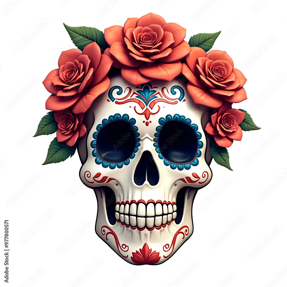 Mexican Sugar Skull with Roses Isolated on Transparent Background Mexican Sugar Skull with Roses Isolated on Transparent Background